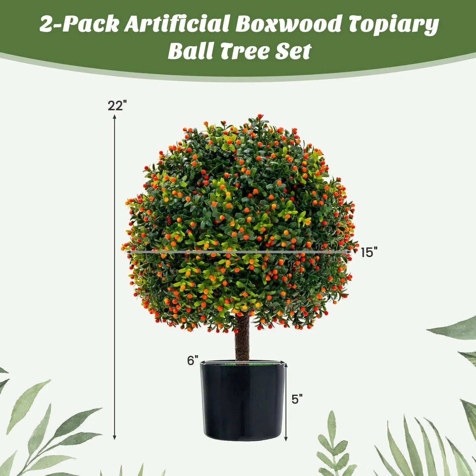 2-Pack Artificial Boxwood Topiary Ball Tree with Orange Fruit by DirectDeals