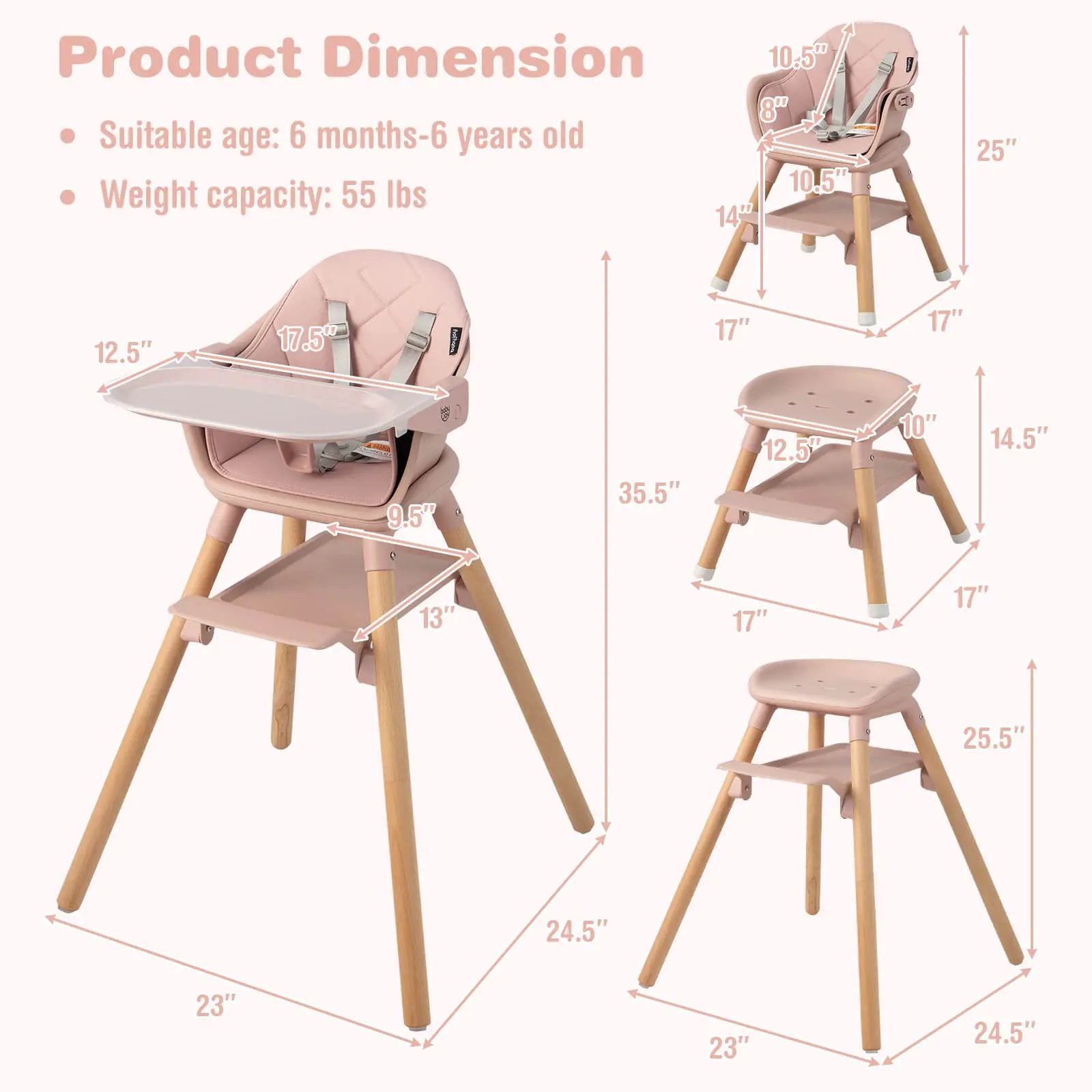 6-in-1 Baby High Chair with Removable Dishwasher and Safe Tray-White by DirectDeals