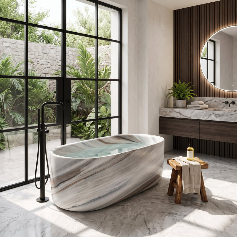 A freestanding oval bathtub made of white and gray marbled stone sits in a modern bathroom with large black-framed windows, a wooden vanity, and a small wooden stool beside it.