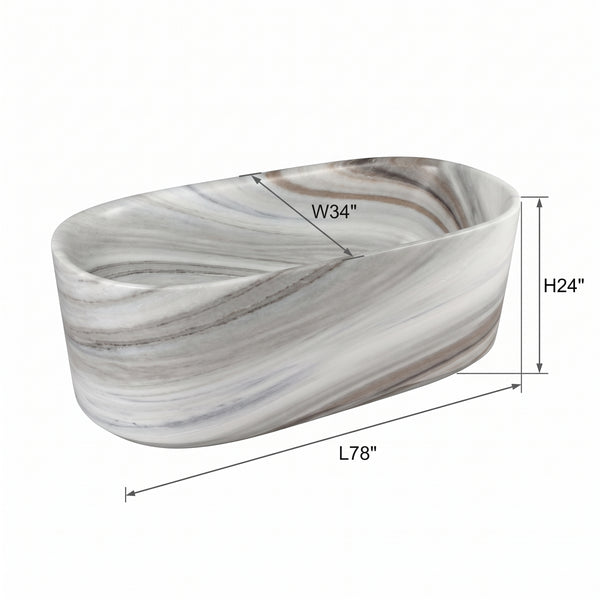 An oval bathroom vessel sink with a white, gray, and brown marble swirl pattern, shown with dimension lines indicating measurements of 78 inches in length, 24 inches in height, and 34 inches in width.