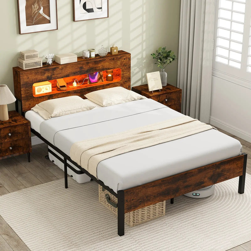 Slatted Full Bed Frame with LED Lights and Storage Headboard No Box Spring Needed-Full Size by DirectDeals