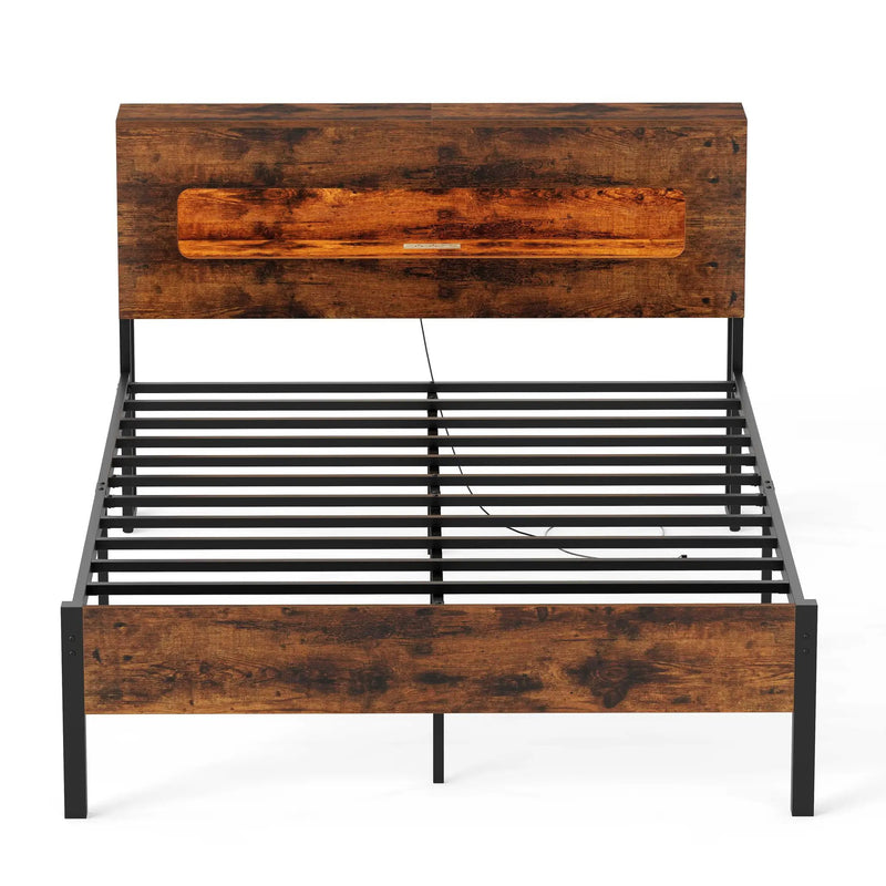 Slatted Full Bed Frame with LED Lights and Storage Headboard No Box Spring Needed-Full Size by DirectDeals
