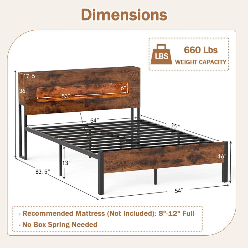 Slatted Full Bed Frame with LED Lights and Storage Headboard No Box Spring Needed-Full Size by DirectDeals