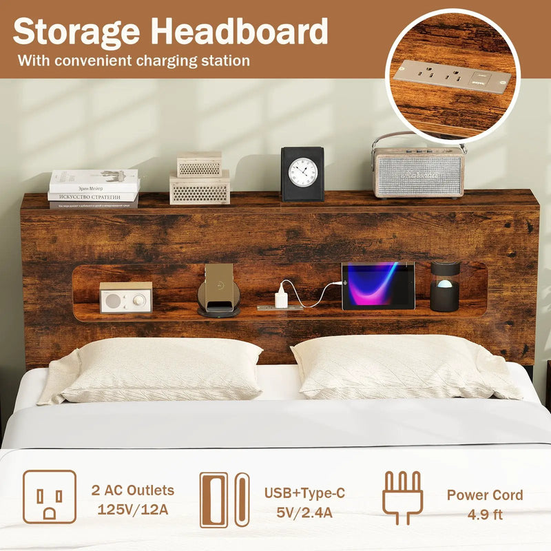Slatted Full Bed Frame with LED Lights and Storage Headboard No Box Spring Needed-Full Size by DirectDeals