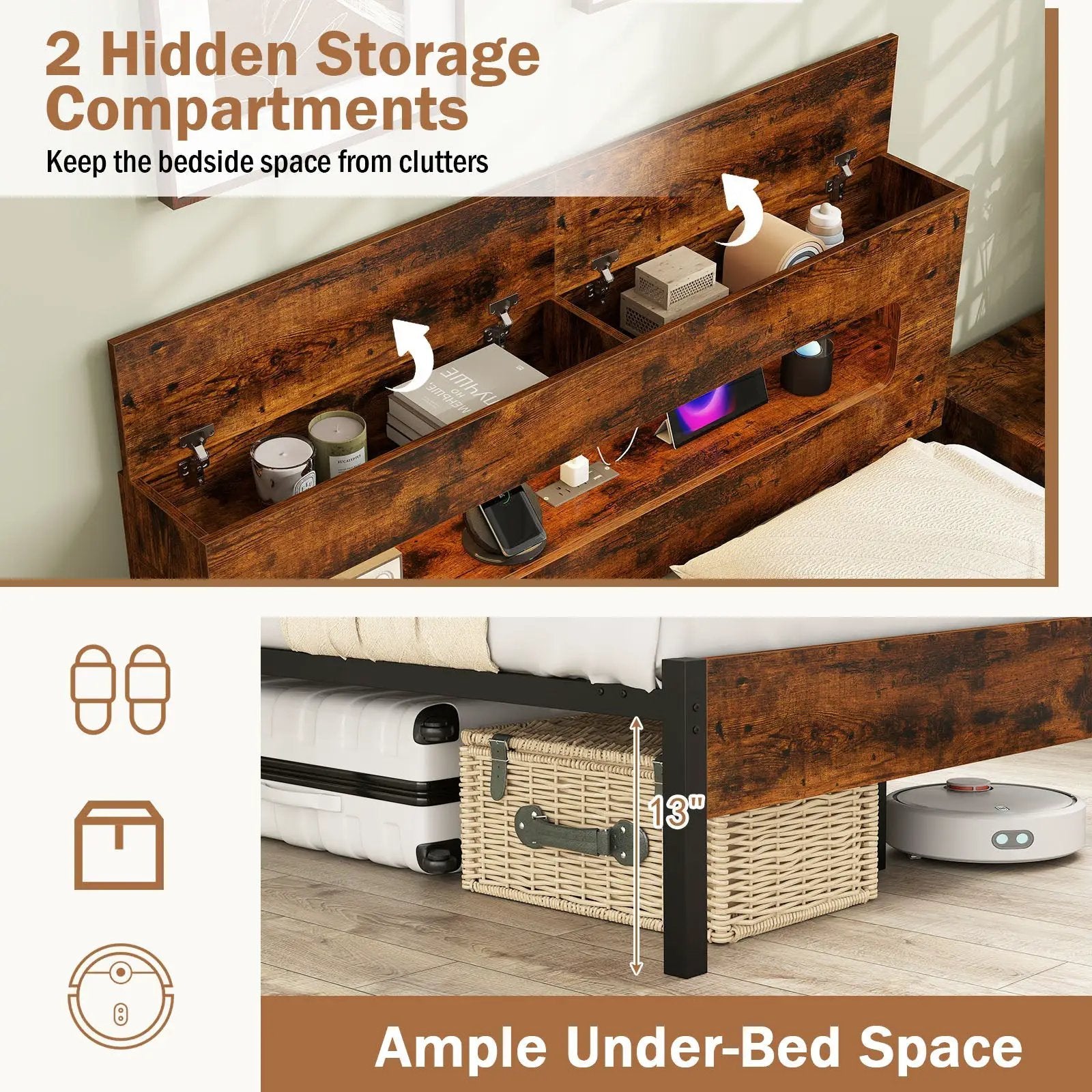 Slatted Full Bed Frame with LED Lights and Storage Headboard No Box Spring Needed-Full Size by DirectDeals