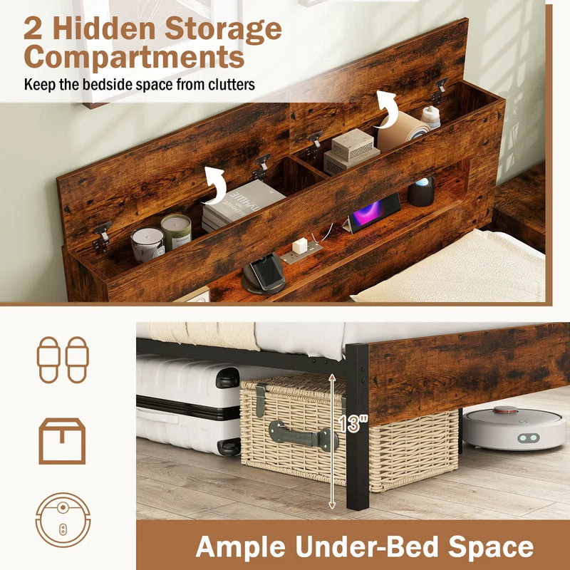 Slatted Full Bed Frame with LED Lights and Storage Headboard No Box Spring Needed-Full Size by DirectDeals