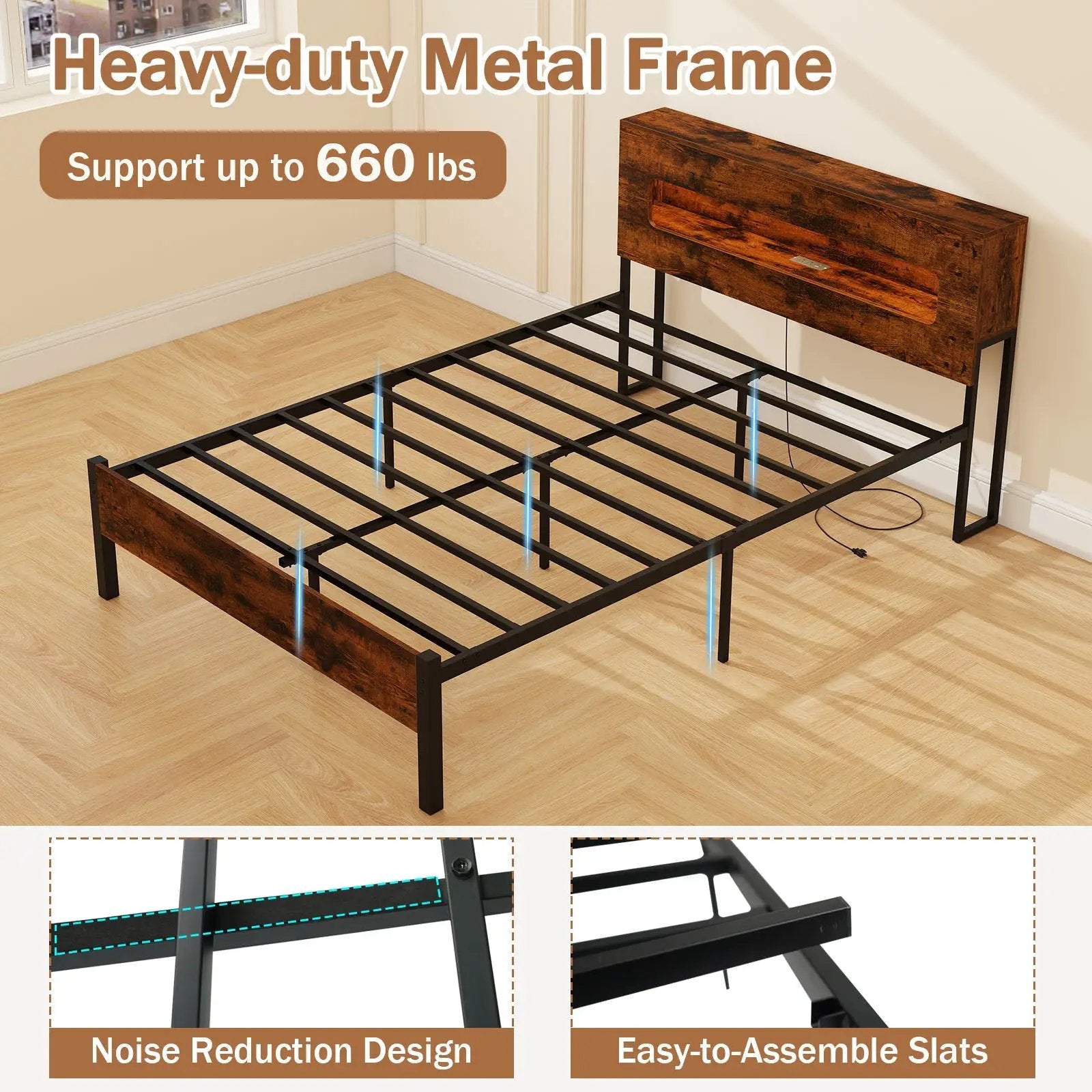 Slatted Full Bed Frame with LED Lights and Storage Headboard No Box Spring Needed-Full Size by DirectDeals