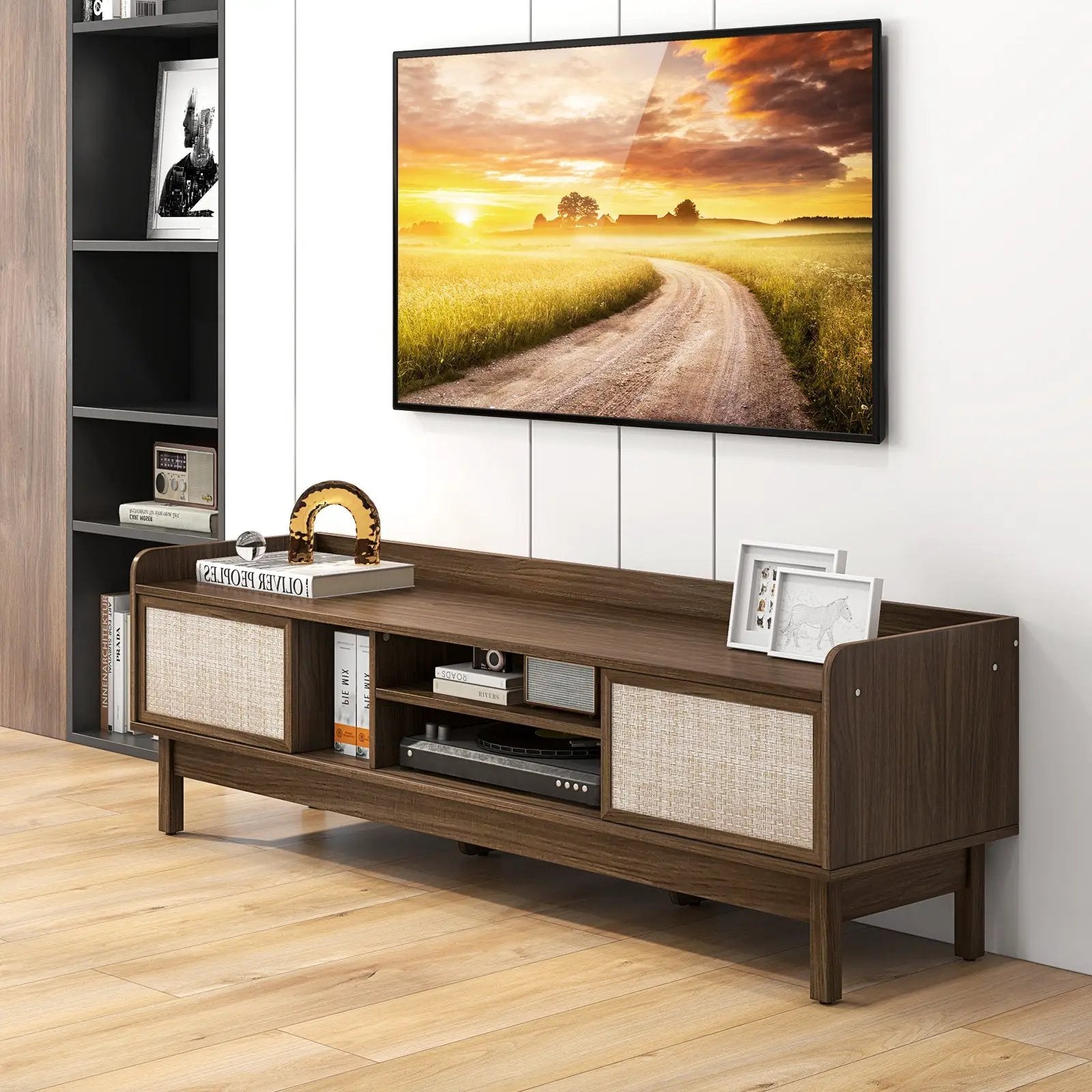 Sliding Door TV Stand for 65 Inch TV with Woven Doors-Walnut by DirectDeals