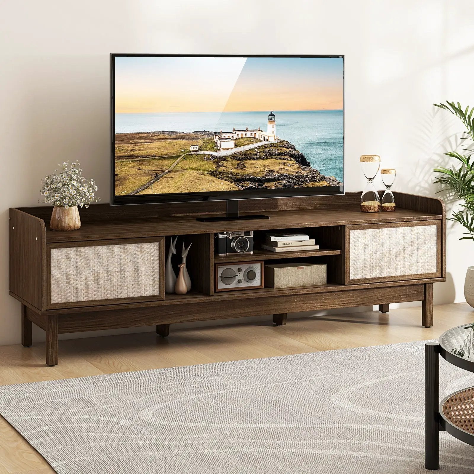 Sliding Door TV Stand for 65 Inch TV with Woven Doors-Walnut by DirectDeals