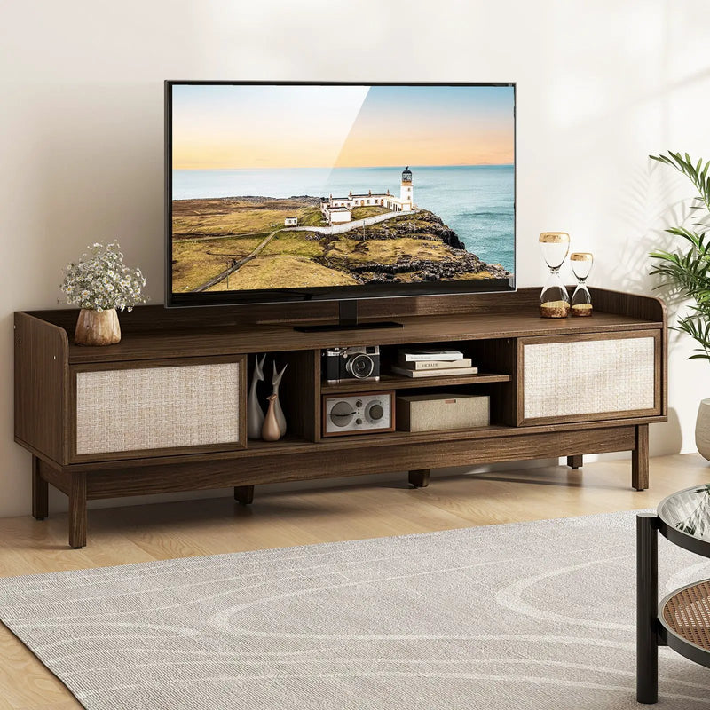 Sliding Door TV Stand for 65 Inch TV with Woven Doors-Walnut by DirectDeals