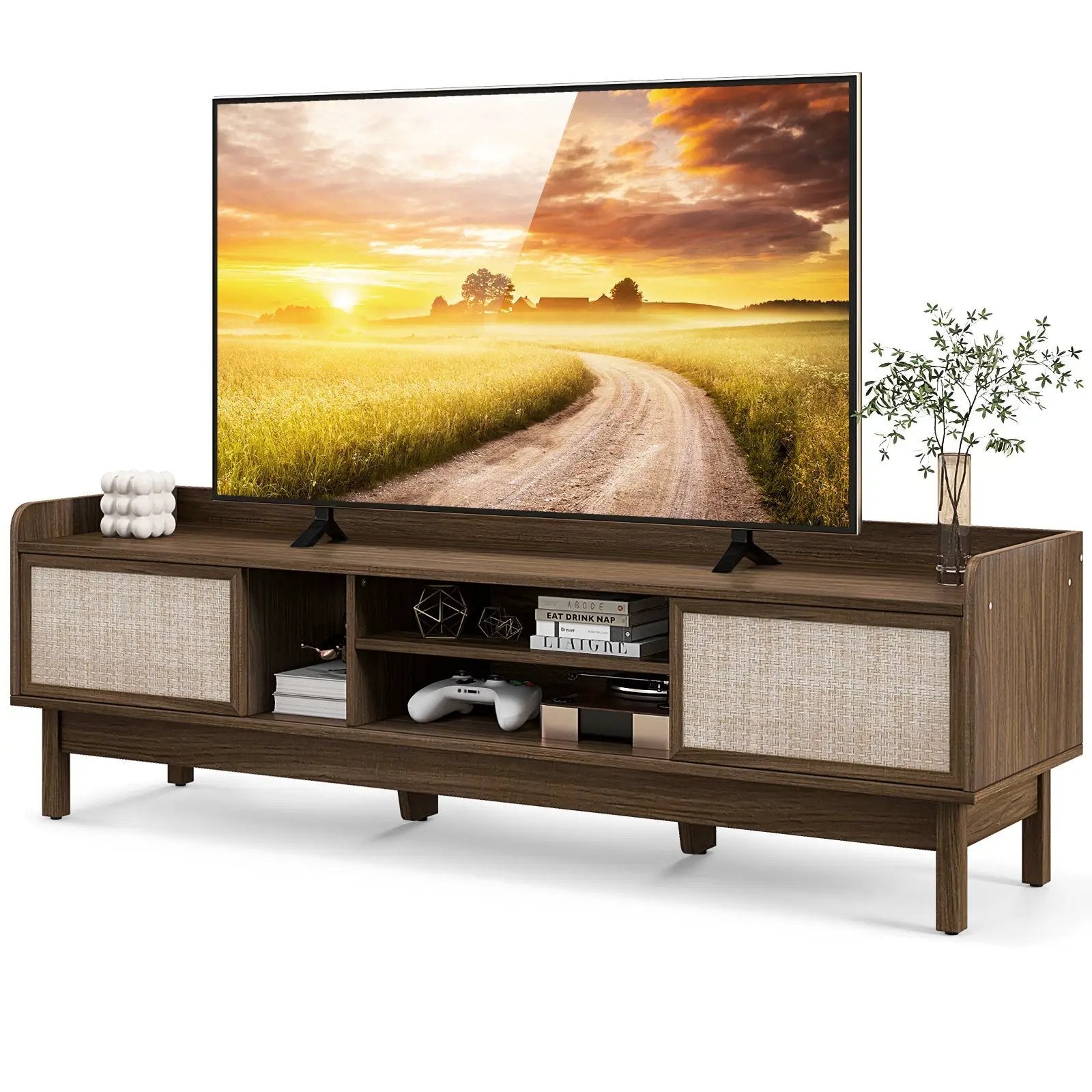Sliding Door TV Stand for 65 Inch TV with Woven Doors-Walnut by DirectDeals