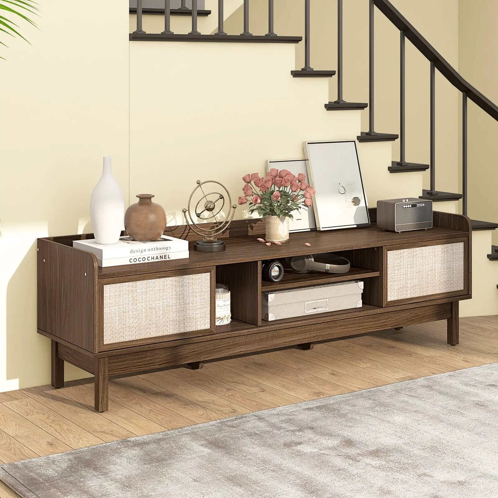 Sliding Door TV Stand for 65 Inch TV with Woven Doors-Walnut by DirectDeals