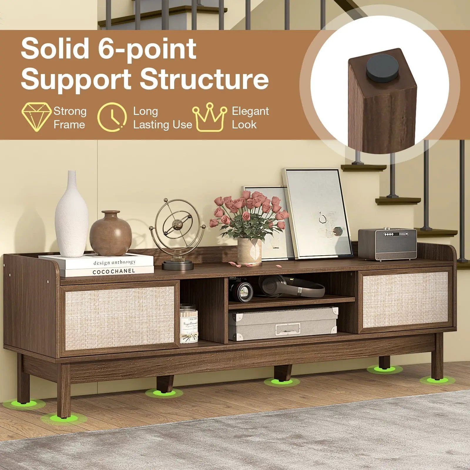 Sliding Door TV Stand for 65 Inch TV with Woven Doors-Walnut by DirectDeals