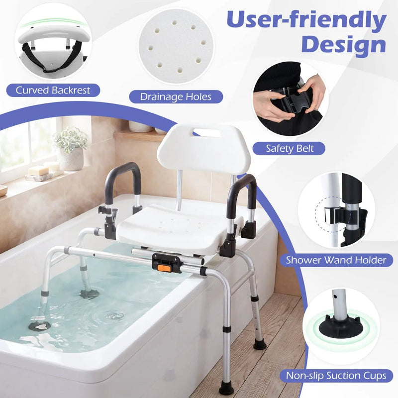 Sliding Shower Chair with Backrest and Swivel Seat for Handicap and Seniors by DirectDeals