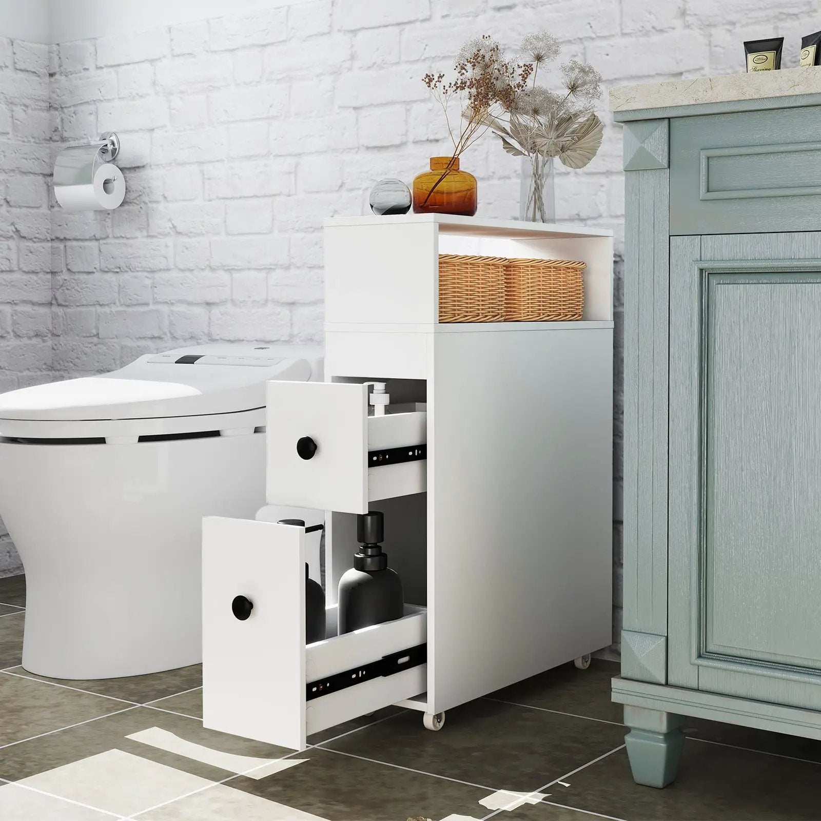 Slim Bathroom Cabinet Wooden Toilet Organizer with Deep Slide Out Drawers by DirectDeals