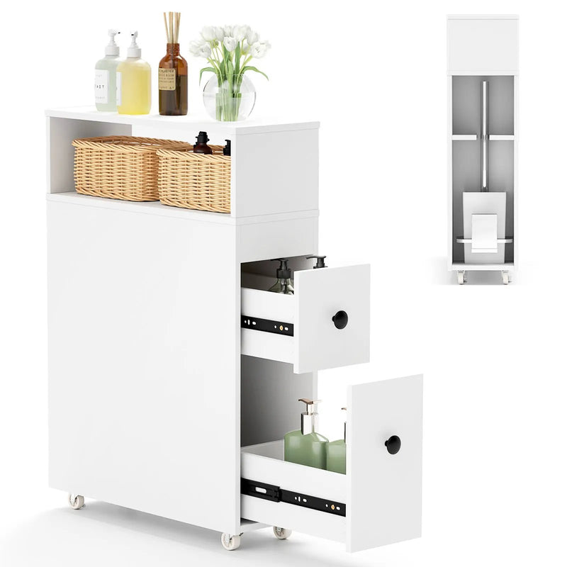 Slim Bathroom Cabinet Wooden Toilet Organizer with Deep Slide Out Drawers by DirectDeals