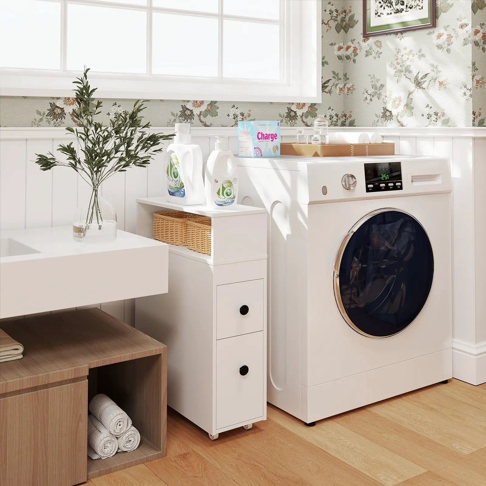 Slim Bathroom Cabinet Wooden Toilet Organizer with Deep Slide Out Drawers by DirectDeals