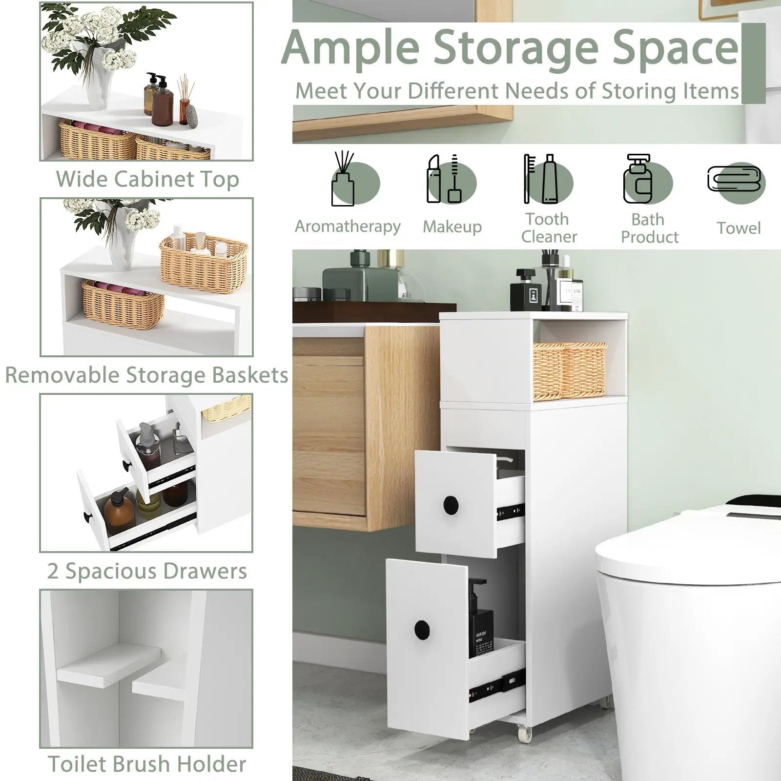 Slim Bathroom Cabinet Wooden Toilet Organizer with Deep Slide Out Drawers by DirectDeals