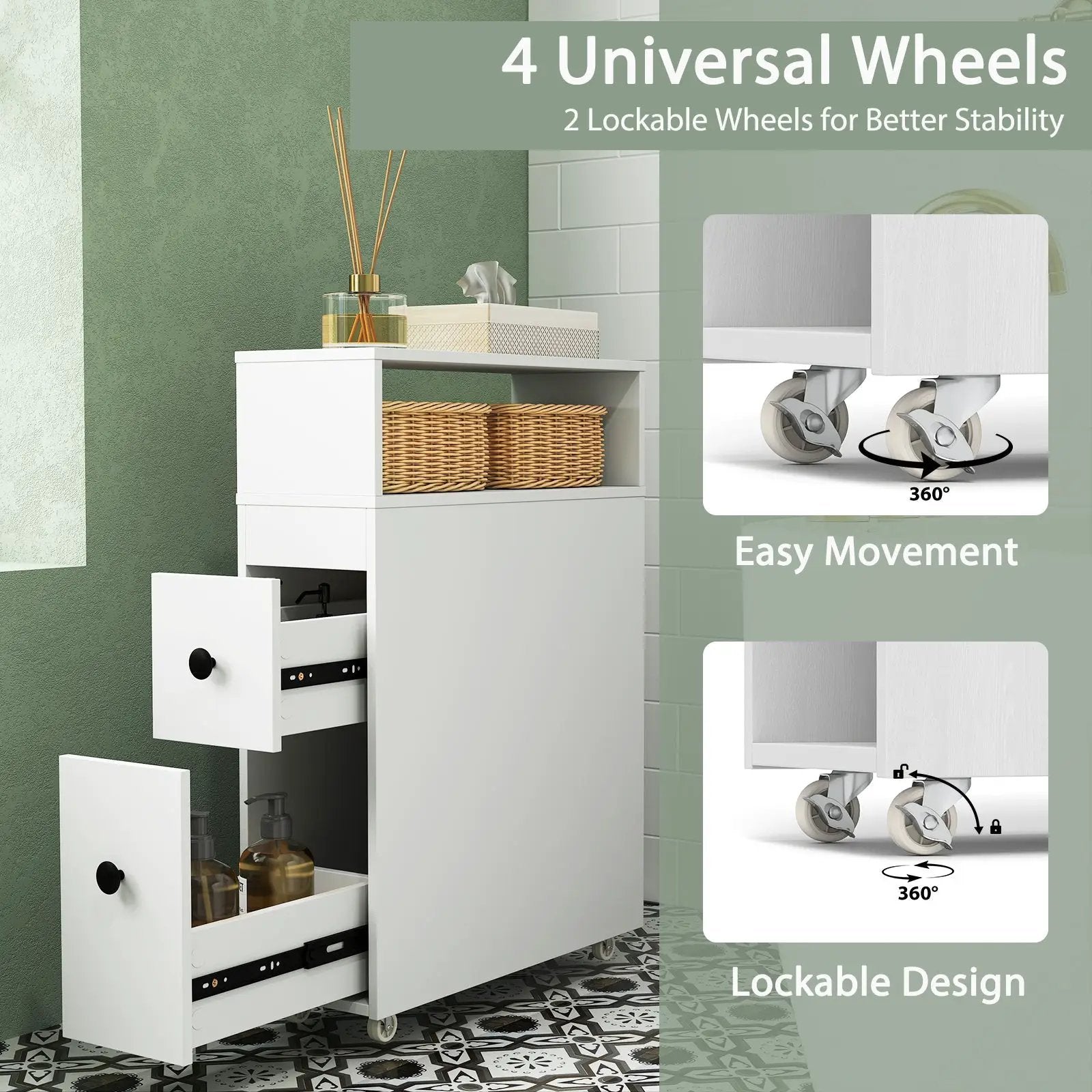 Slim Bathroom Cabinet Wooden Toilet Organizer with Deep Slide Out Drawers by DirectDeals