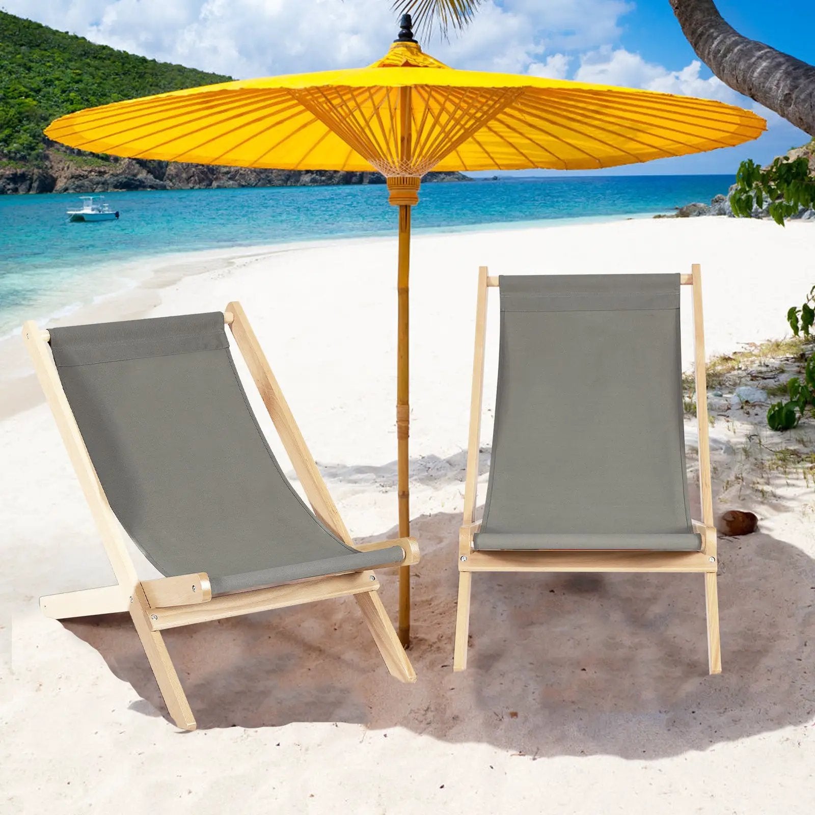 3-Position Adjustable and Foldable Wood Beach Sling Chair with Free Cushion-Gray by DirectDeals