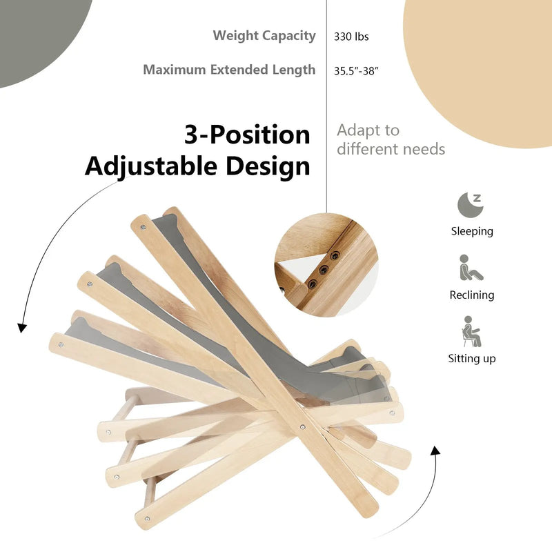 3-Position Adjustable and Foldable Wood Beach Sling Chair with Free Cushion-Gray by DirectDeals