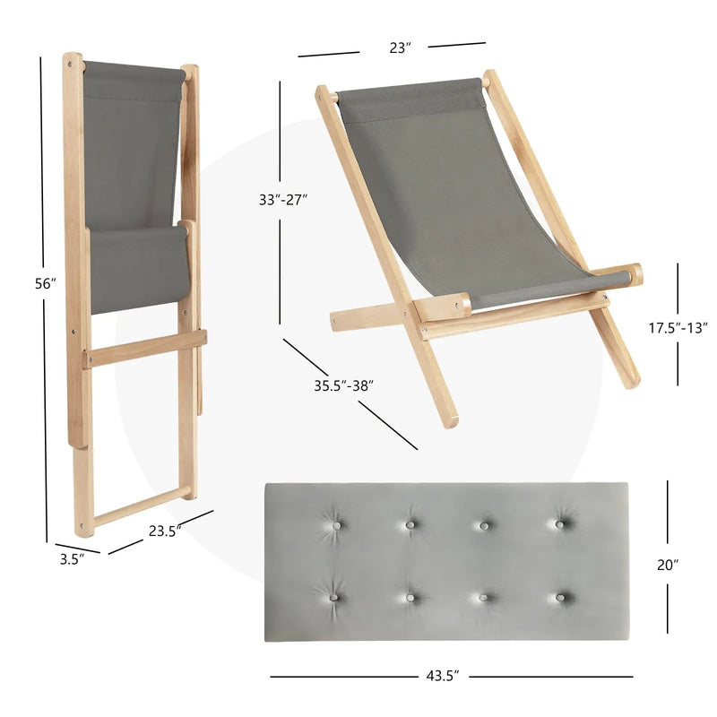3-Position Adjustable and Foldable Wood Beach Sling Chair with Free Cushion-Gray by DirectDeals