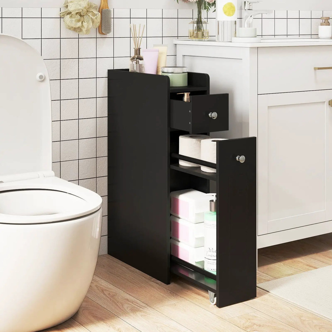 Small Bathroom Storage Cabinet 4-Tier with Slide Out Drawers on Casters by DirectDeals