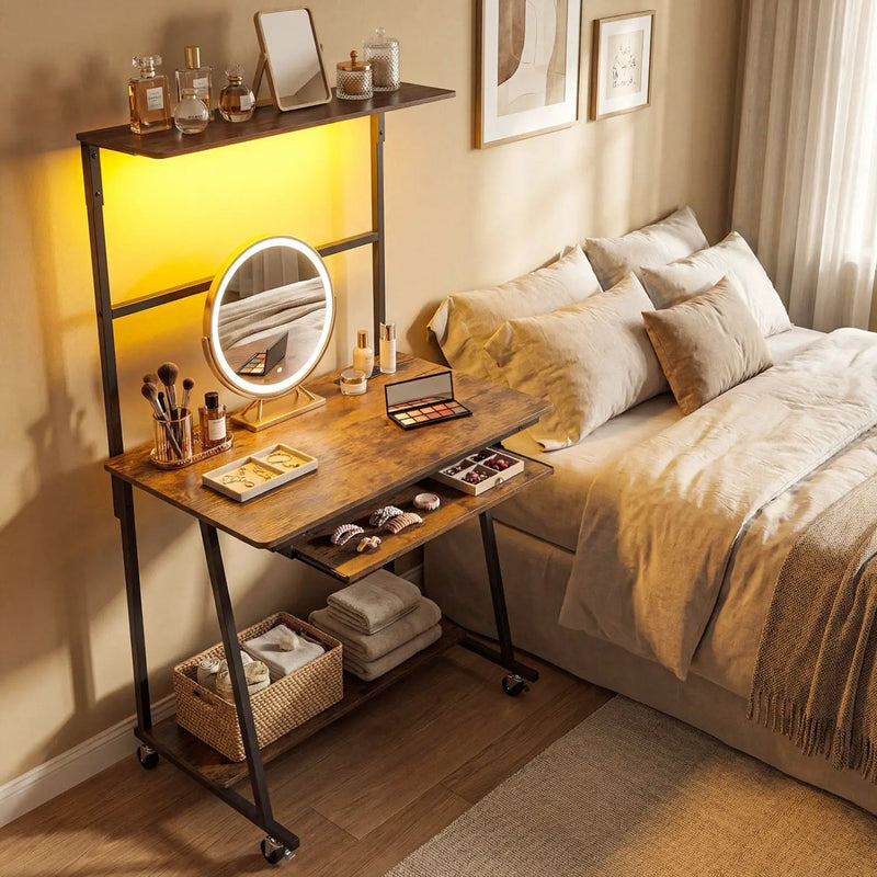Small Computer Desk with Charging Station and LED Lights and Wheels by DirectDeals