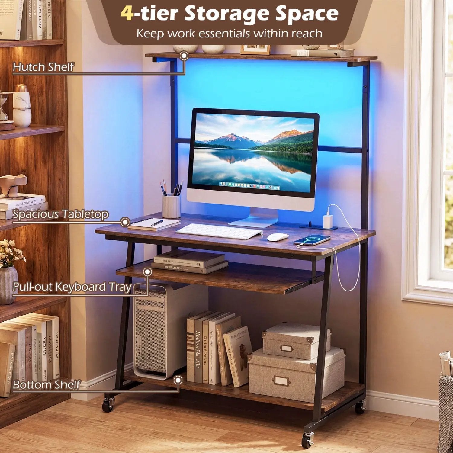 Small Computer Desk with Charging Station and LED Lights and Wheels by DirectDeals
