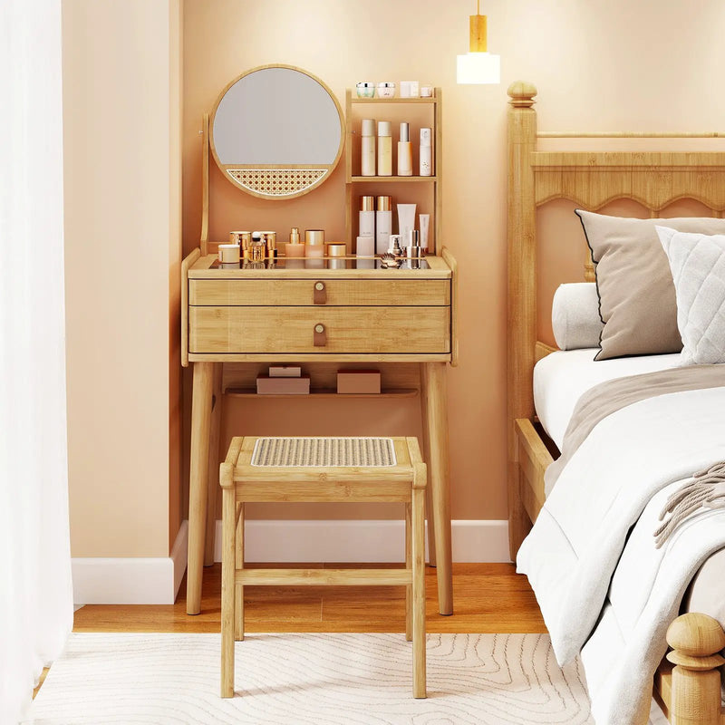 Small Vanity Desk and Stool Set with Mirror and 2 Drawers by DirectDeals