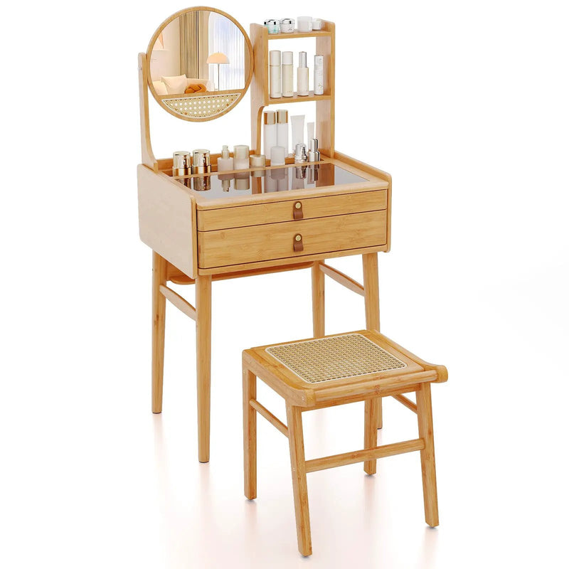 Small Vanity Desk and Stool Set with Mirror and 2 Drawers by DirectDeals