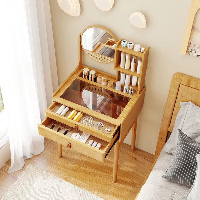 Small Vanity Desk and Stool Set with Mirror and 2 Drawers by DirectDeals