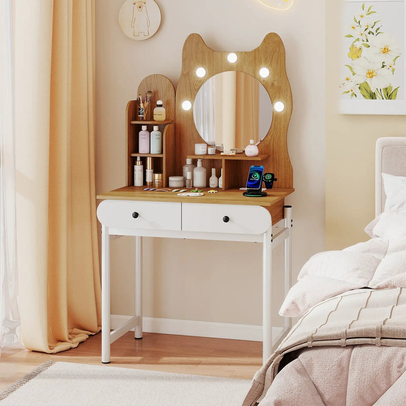 Small Vanity Desk with Mirror and Lights Cute Kitty Makeup Table with Power Outlets-Natural by DirectDeals