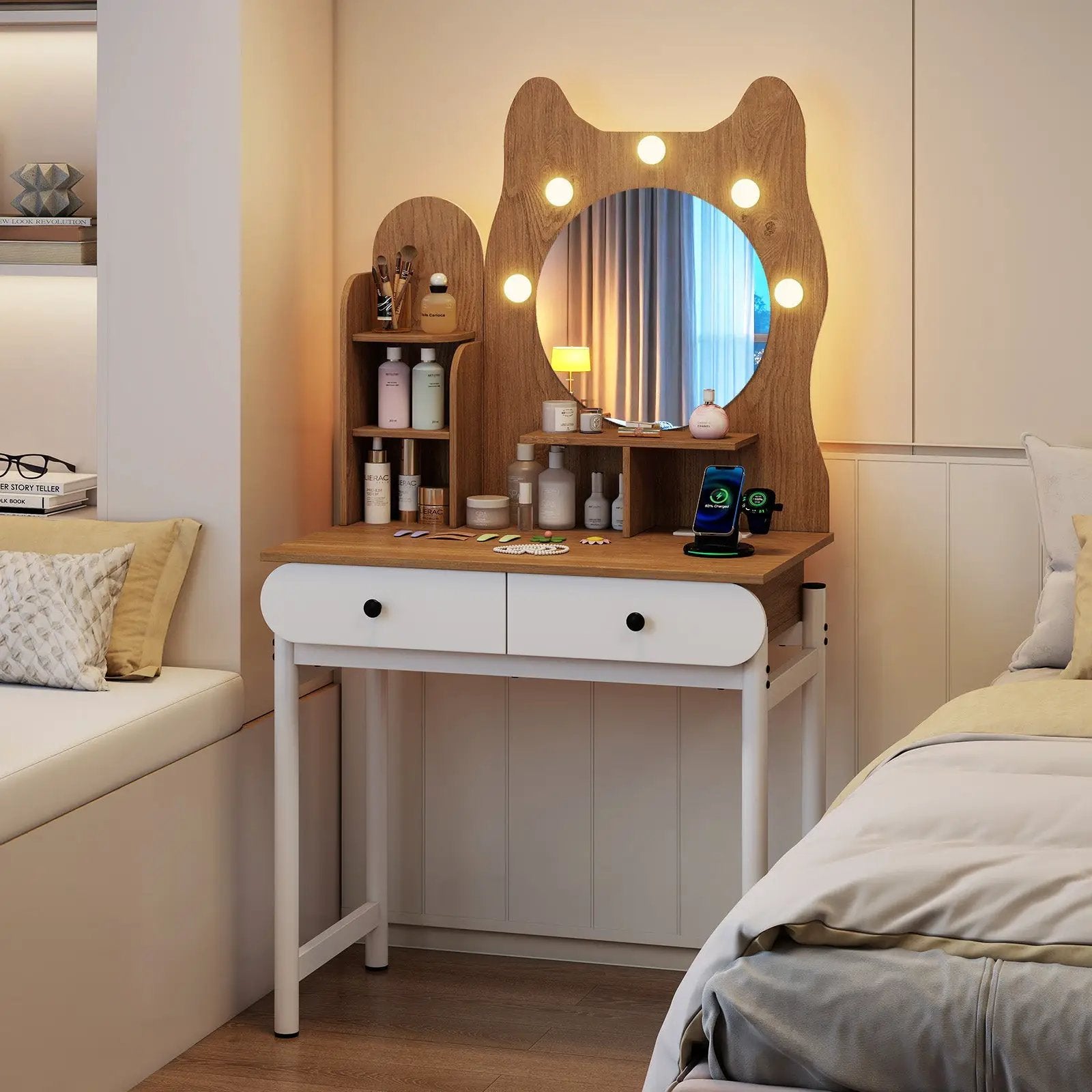 Small Vanity Desk with Mirror and Lights Cute Kitty Makeup Table with Power Outlets-Natural by DirectDeals