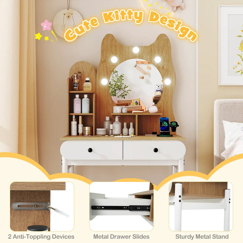 Small Vanity Desk with Mirror and Lights Cute Kitty Makeup Table with Power Outlets-Natural by DirectDeals