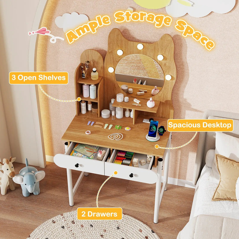 Small Vanity Desk with Mirror and Lights Cute Kitty Makeup Table with Power Outlets-Natural by DirectDeals