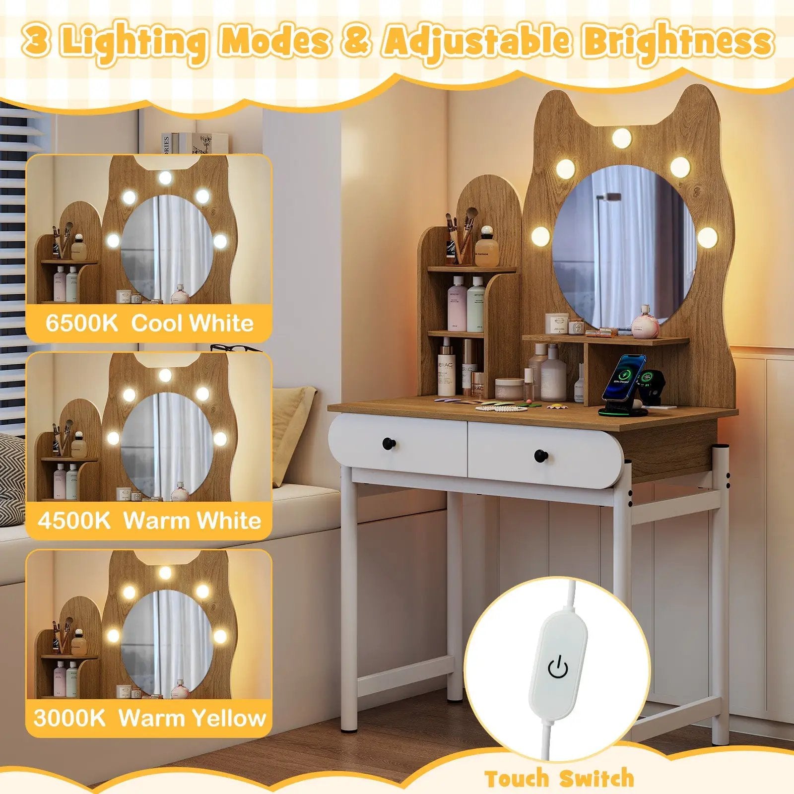 Small Vanity Desk with Mirror and Lights Cute Kitty Makeup Table with Power Outlets-Natural by DirectDeals
