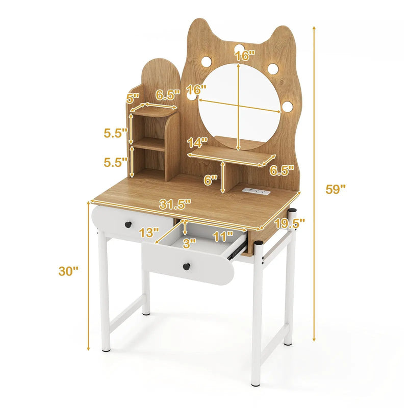 Small Vanity Desk with Mirror and Lights Cute Kitty Makeup Table with Power Outlets-Natural by DirectDeals