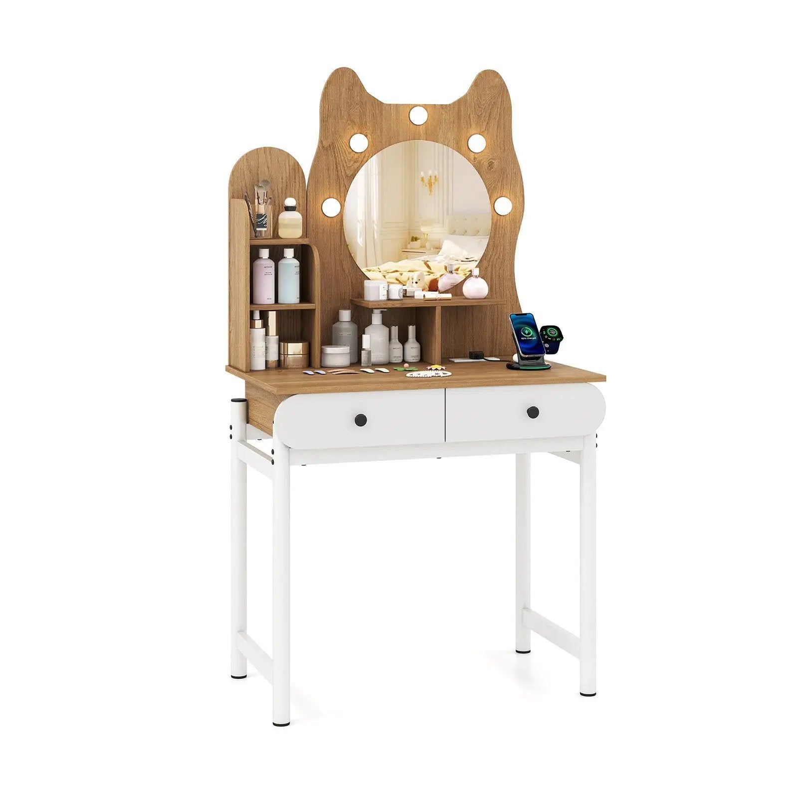 Small Vanity Desk with Mirror and Lights Cute Kitty Makeup Table with Power Outlets-Natural by DirectDeals