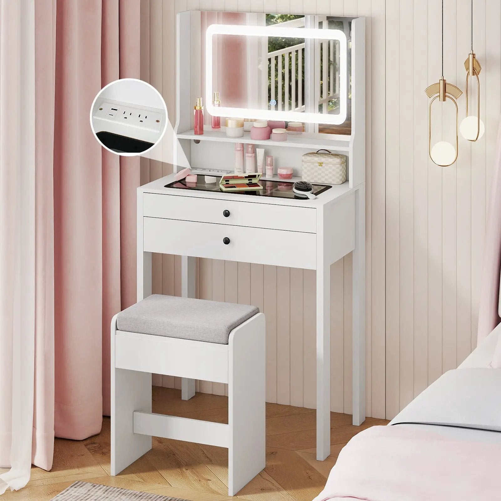 Small Vanity Desk with Mirror and Lights for Bedroom by DirectDeals
