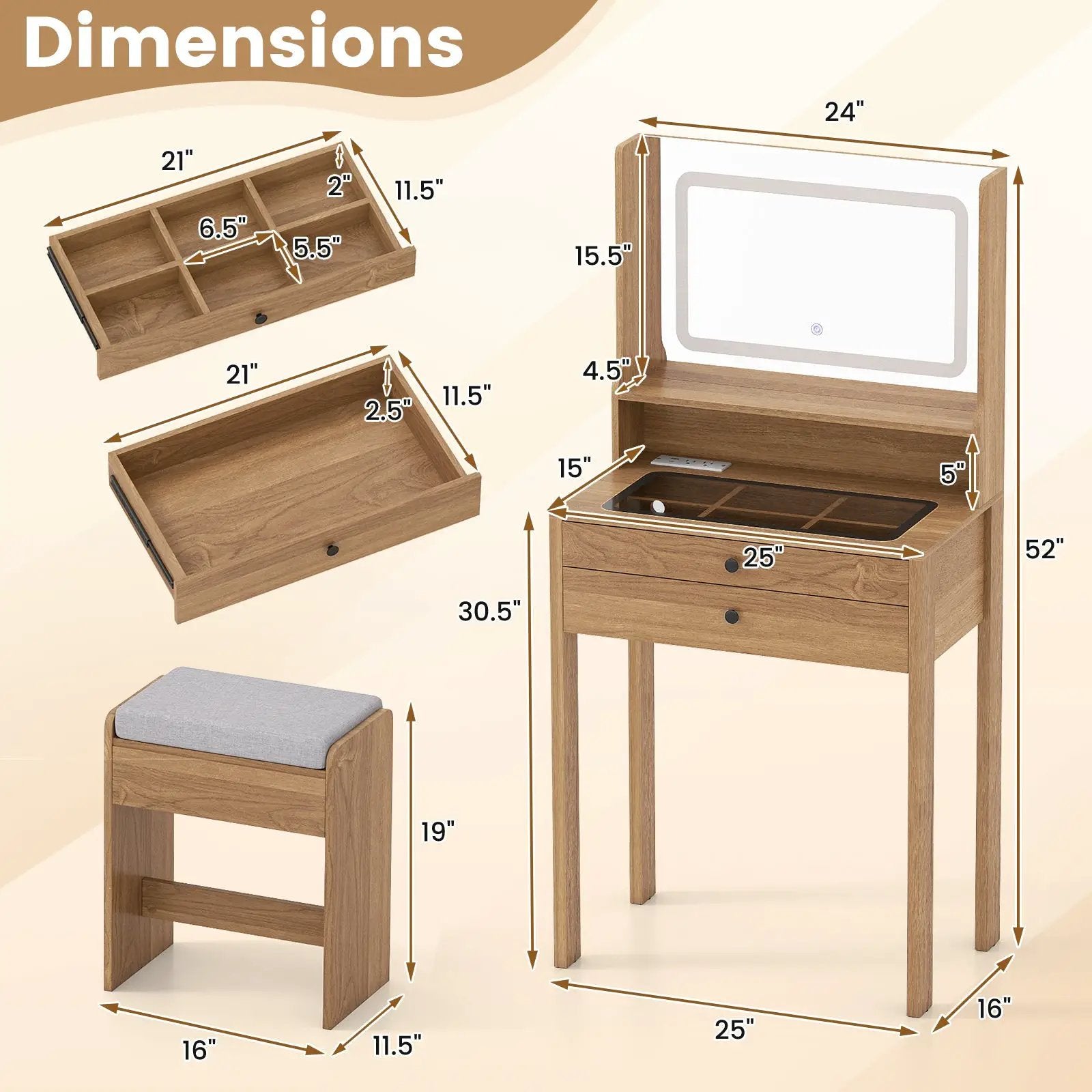Small Vanity Desk with Mirror and Lights for Bedroom by DirectDeals