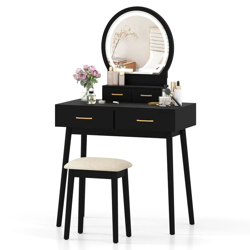 Small Vanity Makeup Dressing Table Set with Cushioned Stool and LED Lighted Mirror by DirectDeals