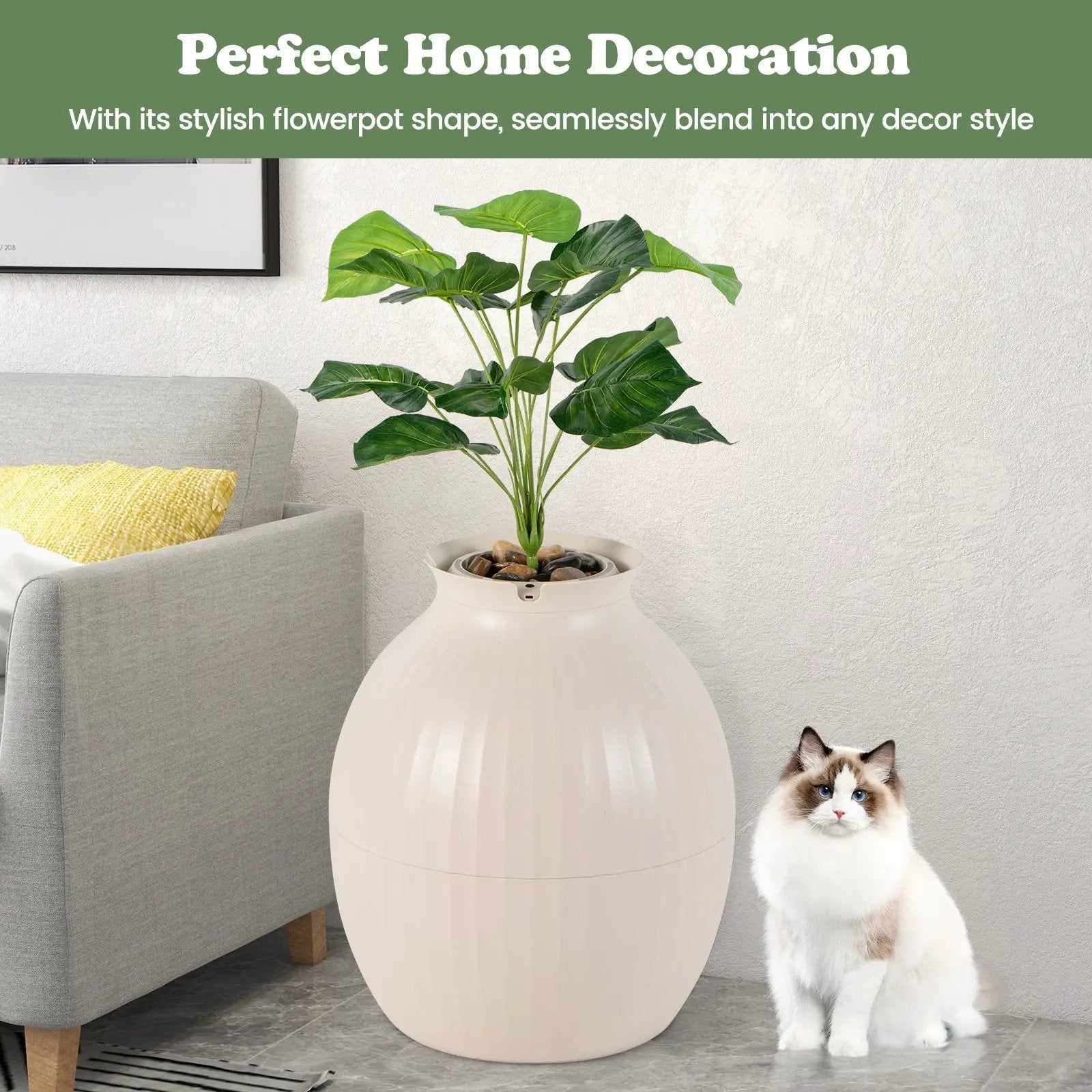 Smart Plant Cat Litter Box with Electronic Odor Removal & Sterilization-Beige by DirectDeals