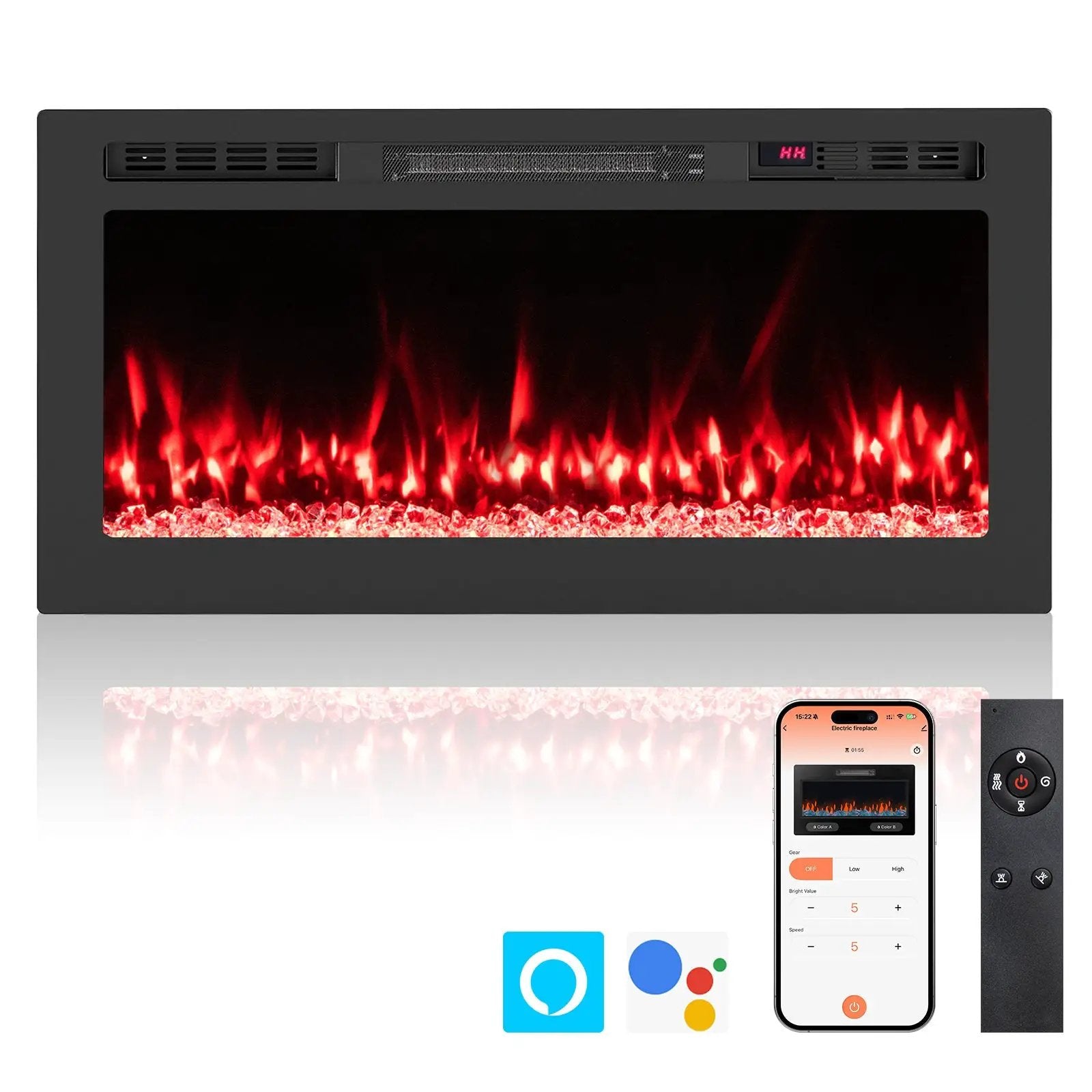 Smart WiFi Electric Fireplace Wall Mounted & Recessed 750W/1500W Heater by DirectDeals