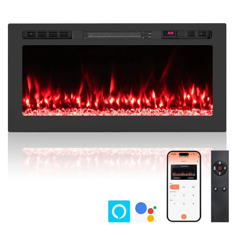Smart WiFi Electric Fireplace Wall Mounted & Recessed 750W/1500W Heater by DirectDeals