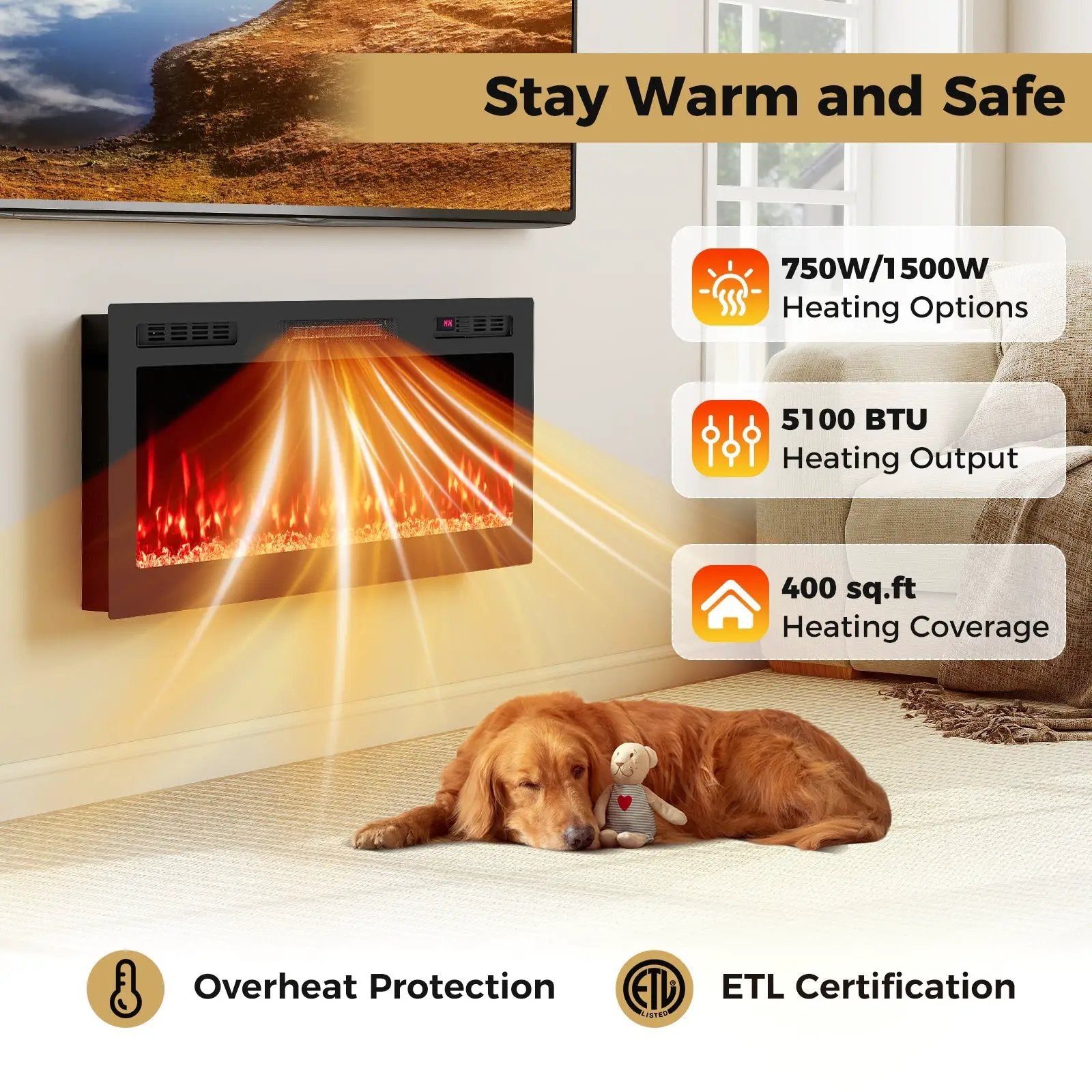 Smart WiFi Electric Fireplace Wall Mounted & Recessed 750W/1500W Heater by DirectDeals