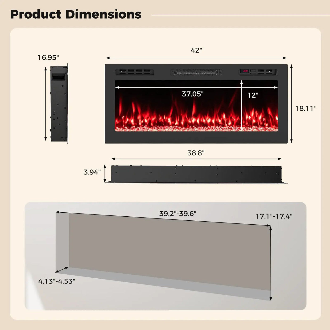Smart WiFi Electric Fireplace Wall Mounted & Recessed 750W/1500W Heater by DirectDeals