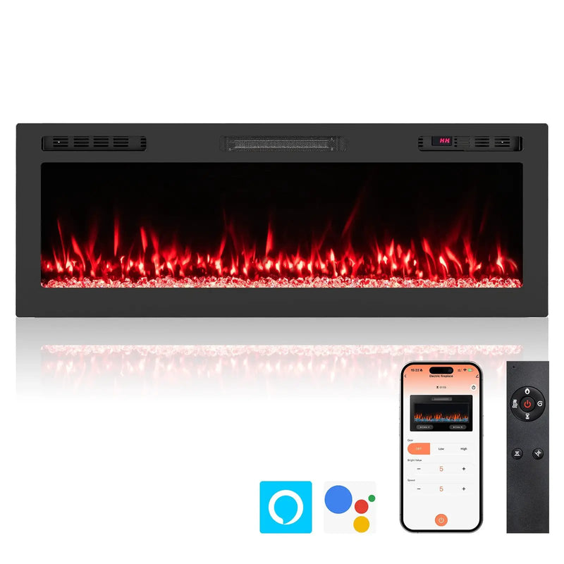 Smart WiFi Electric Fireplace Wall Mounted & Recessed 750W/1500W Heater by DirectDeals