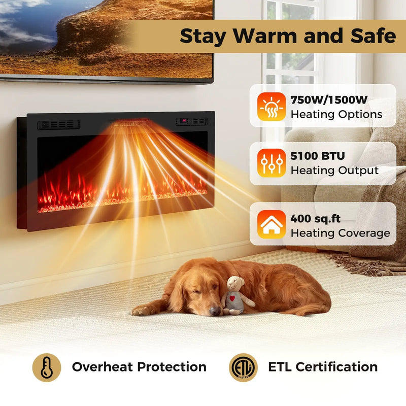Smart WiFi Electric Fireplace Wall Mounted & Recessed 750W/1500W Heater by DirectDeals