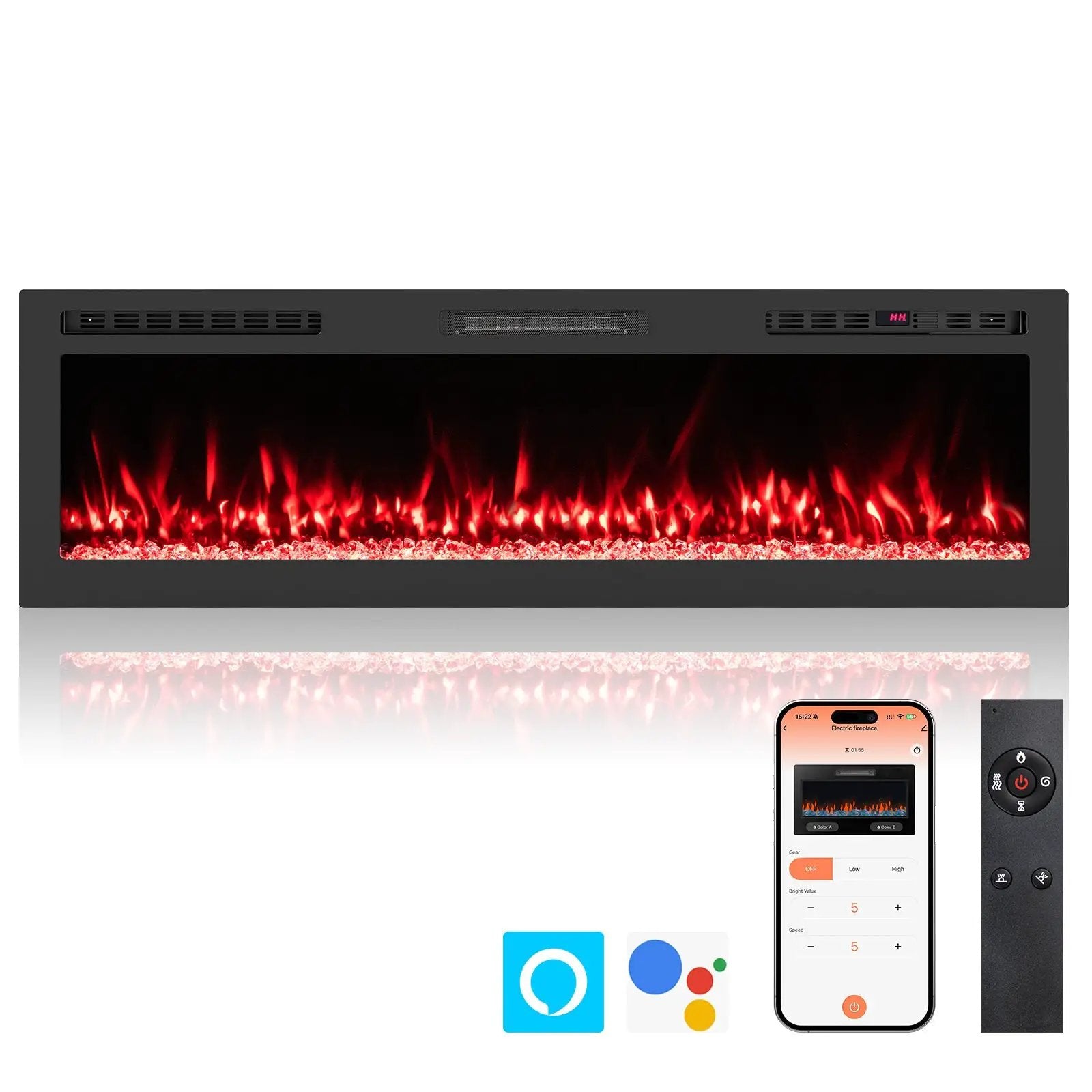 Smart WiFi Electric Fireplace Wall Mounted & Recessed 750W/1500W Heater by DirectDeals